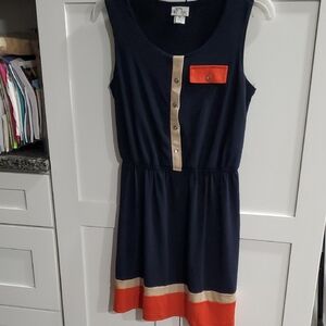 Sweet Storm Navy Dress with Coral and Beige Trim